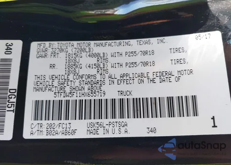 2017 Toyota Tundra Sr5 5.7L V8 из США, поврежденный, VIN 5TFDW5F11HX655719